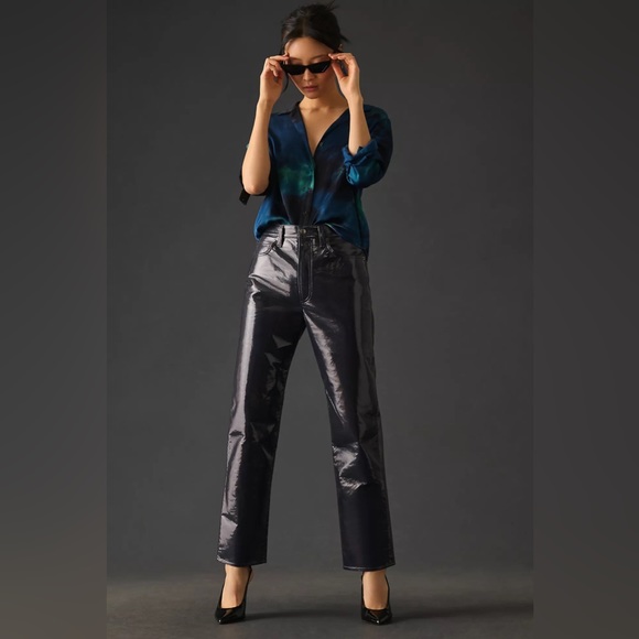 AGOLDE Recycled Leather 90's Pinch Waist Straight Leg Pants in Carbon (32) - Picture 2 of 14